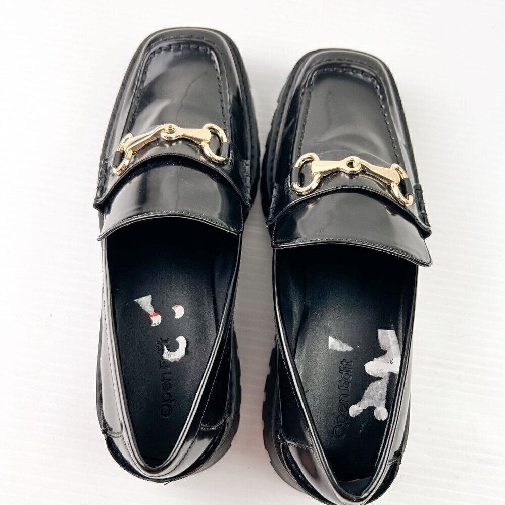 Open Edit Nordstrom Heather Platform Bit Loafer Women Black Leather Size 7M NEW - Picture 9 of 13